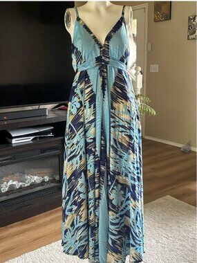 Ananta Halter Maxi Dress Womens One Size OS Blue Tropical Floral Boho Rayon NWT